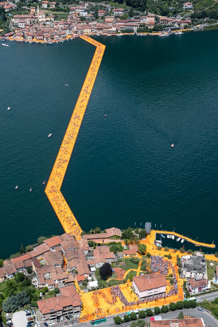 The Floating Piers from helicopter, Lago d'Iseo